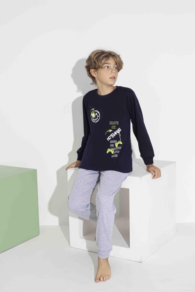 Erkek Çocuk  Uzun Kollu Oyun Temalı Pamuklu Pijama Takımı 7419G