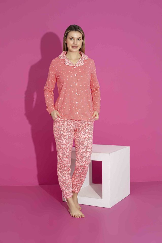 Kadın Düğmeli Likralı Penye Pijama Takımı 3022N