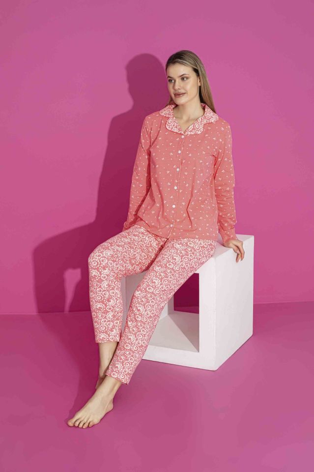 Kadın Düğmeli Likralı Penye Pijama Takımı 3022N