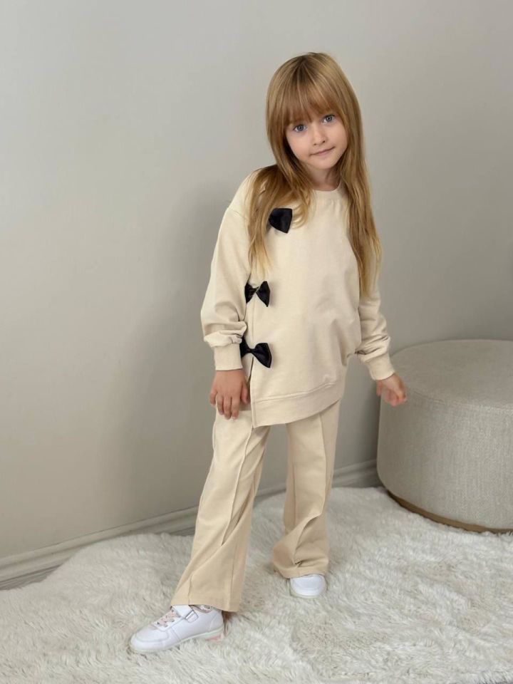Kız Çocuk Bej Sweatshirt Siyah Fiyonk Detaylı Eşofman Takımı 5019B