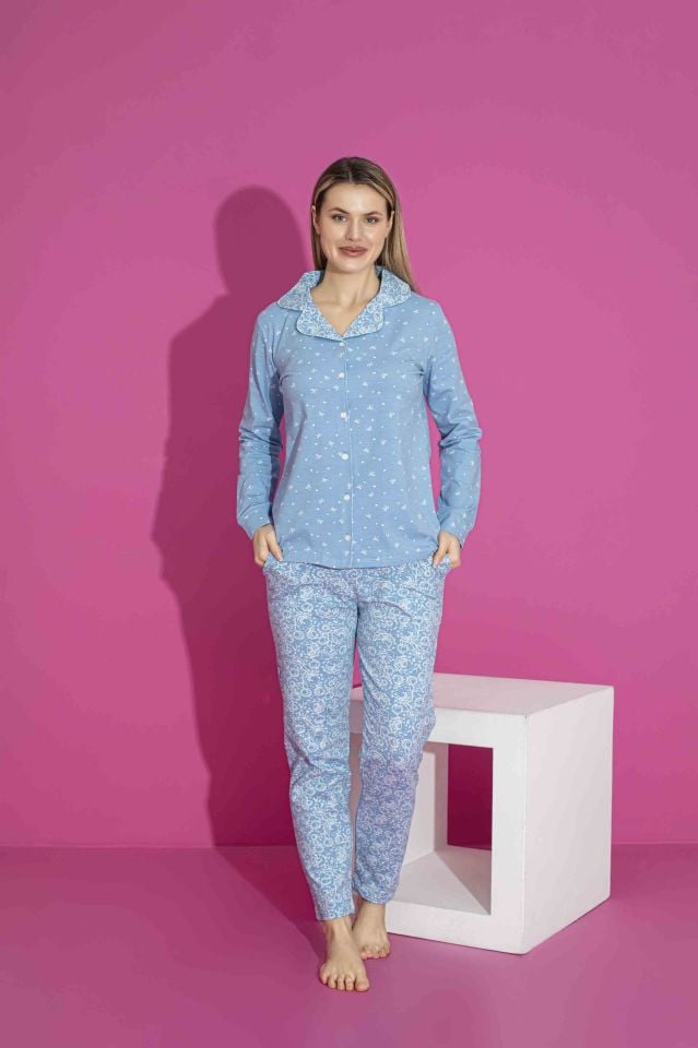Kadın Düğmeli Likralı Penye Pijama Takımı 3022M