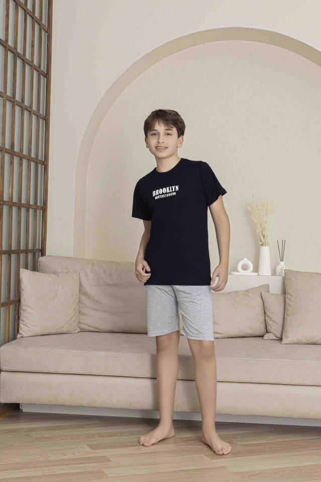 Erkek Çocuk Alt Üst Kısa Kollu Bermude Boy Şort Takım Pijama Takım 4009