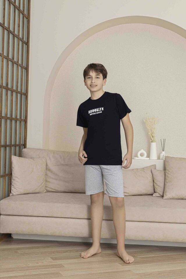 Erkek Çocuk Alt Üst Kısa Kollu Bermude Boy Şort Takım Pijama Takım 4009