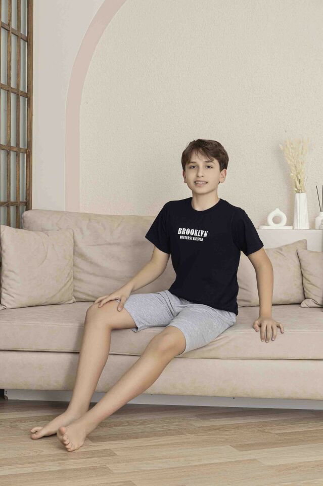 Erkek Çocuk Alt Üst Kısa Kollu Bermude Boy Şort Takım Pijama Takım 4009