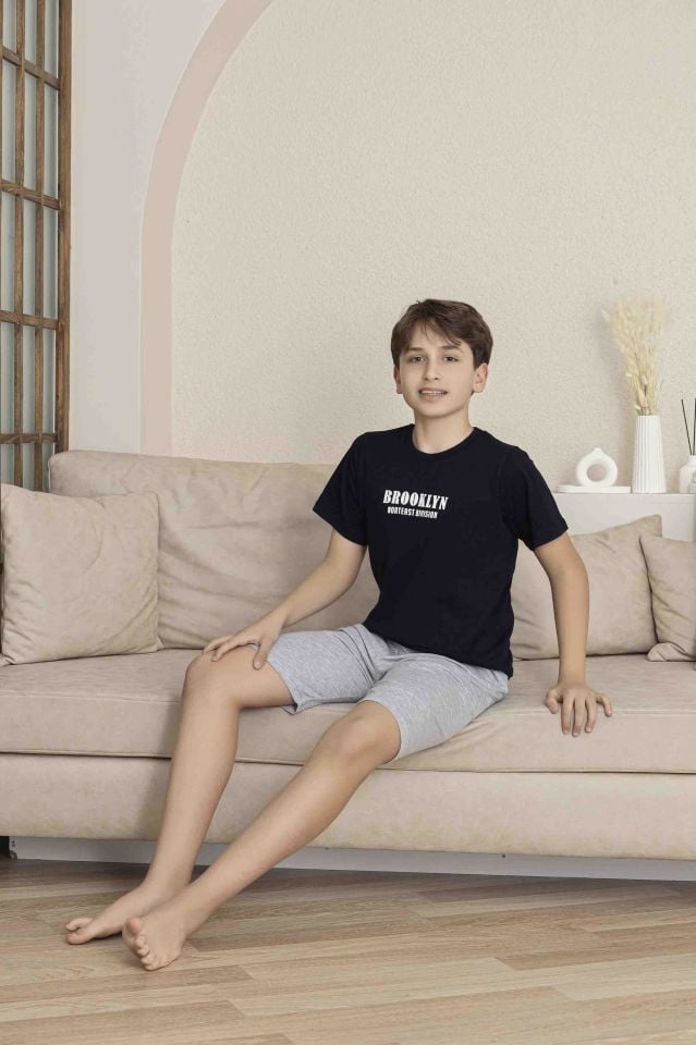 Erkek Çocuk Alt Üst Kısa Kollu Bermude Boy Şort Takım Pijama Takım 4009