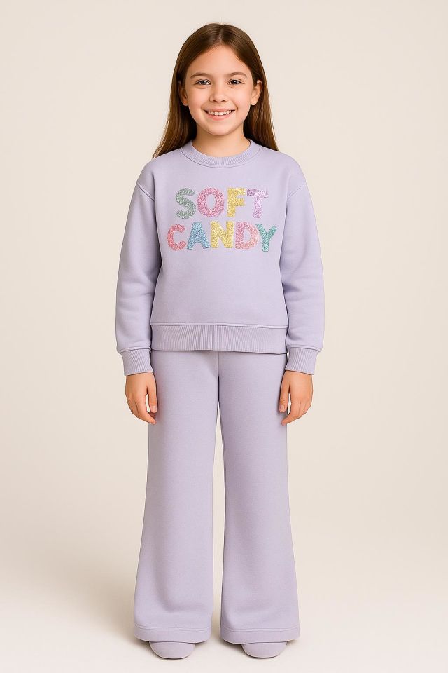 Kız Çocuk Renkli Payet Nakışlı 2’li Eşofman Takımı (Sweatshirt + Alt) 10760 LİLA