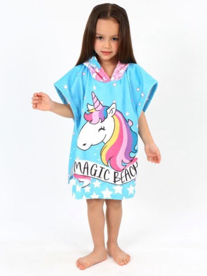 Kız Çocuk Şapkalı Unicorn Magic Beach Baskılı Panço 1706