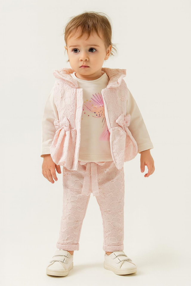Kız Bebek Dantel Görünümlü  3’lü Takım – Yelek, Sweatshirt ve Pantolon 7044P