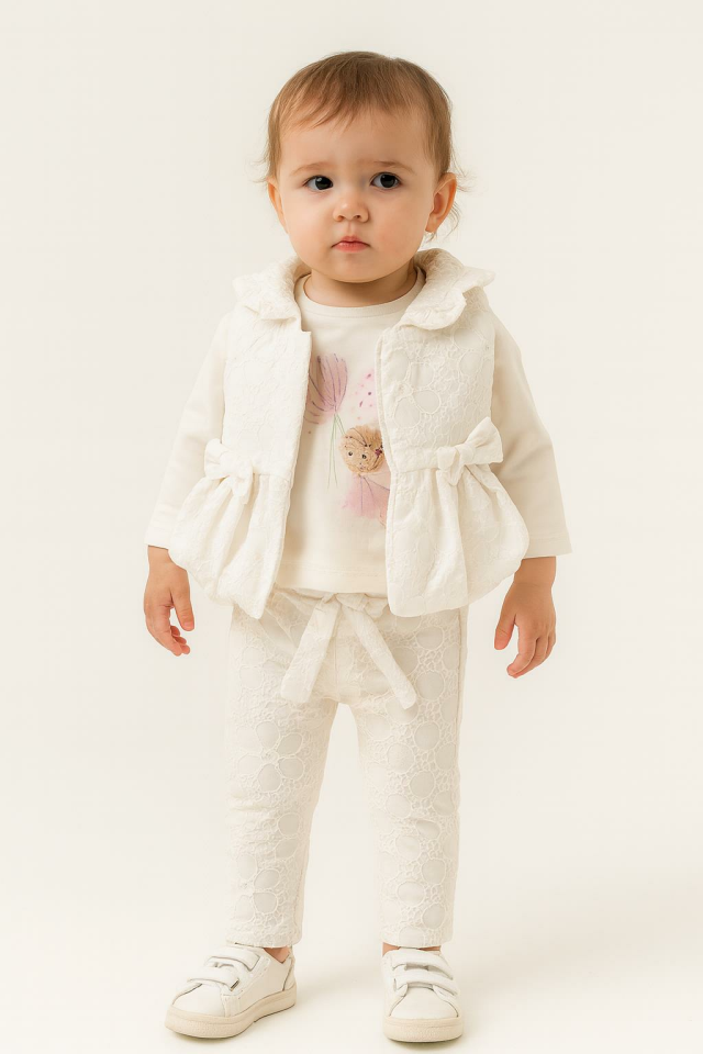 Kız Bebek Dantel Görünümlü  3’lü Takım – Yelek, Sweatshirt ve Pantolon 7044K