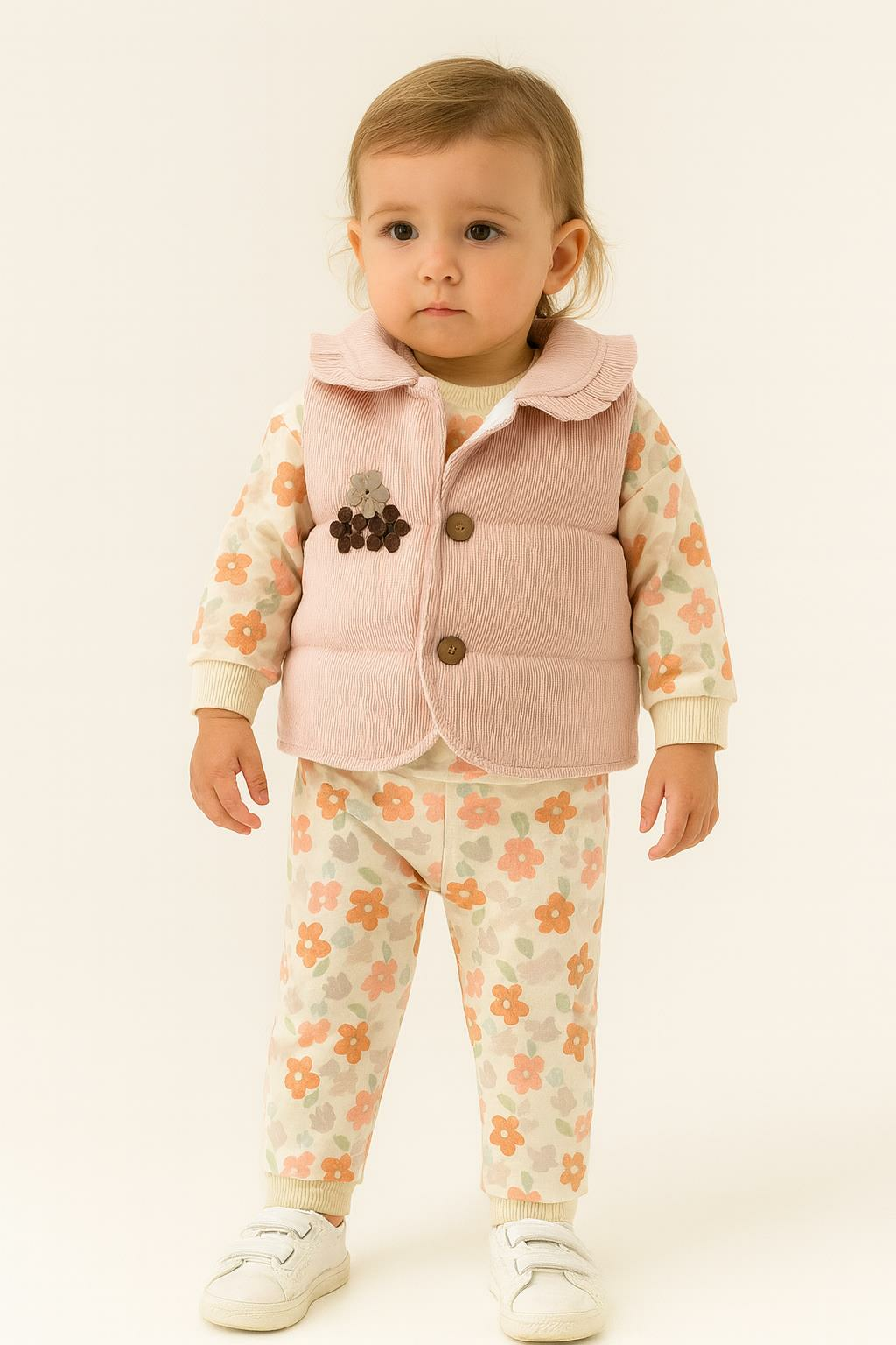 Kız Bebek Çiçek Desenli 3’lü Takım – Sweatshirt, Pantolon ve Yelek 5131P