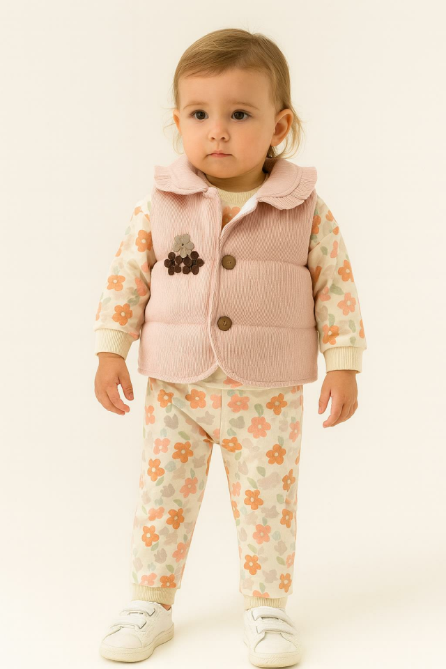Kız Bebek Çiçek Desenli 3’lü Takım – Sweatshirt, Pantolon ve Yelek 5131P