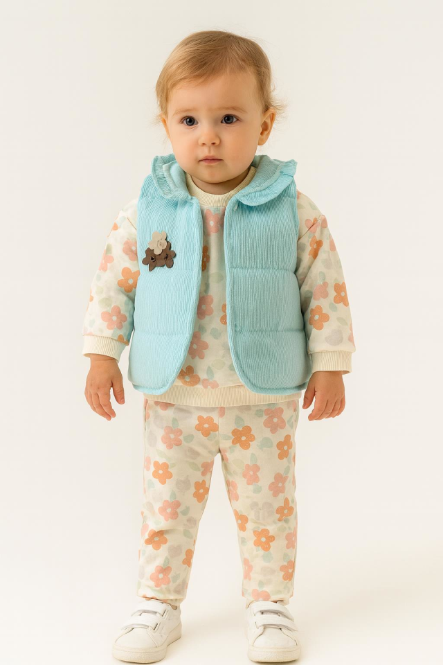 Kız Bebek Çiçek Desenli 3’lü Takım – Sweatshirt, Pantolon ve Yelek 5131Y