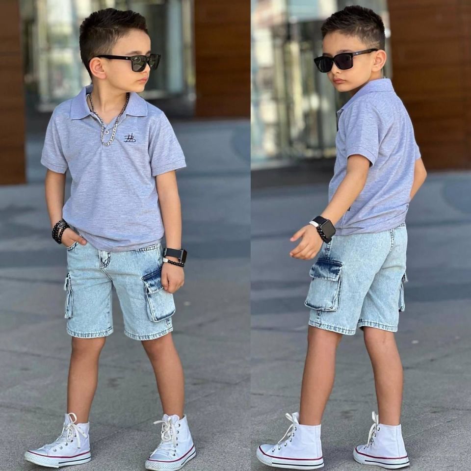 Erkek Çocuk Polo Yaka Kargo Cepli Kot Takım 2302GRİ