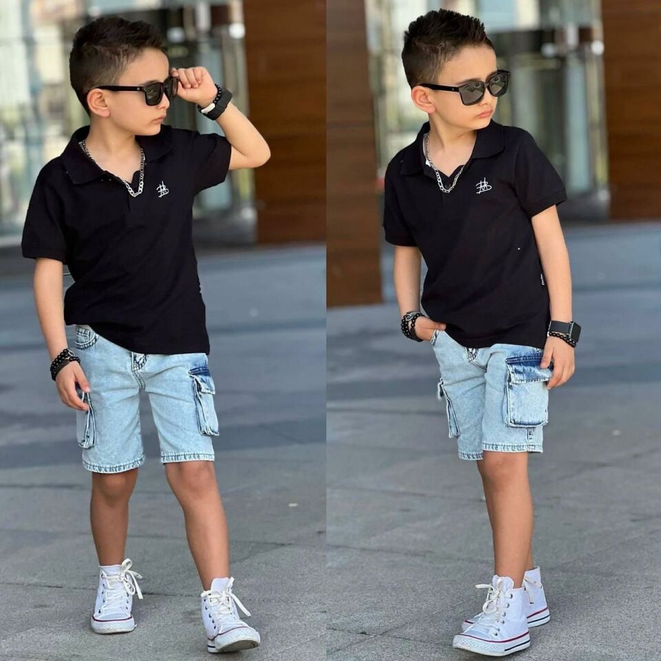 Erkek Çocuk Polo Yaka Kargo Cepli Kot Takım 2302Sİ