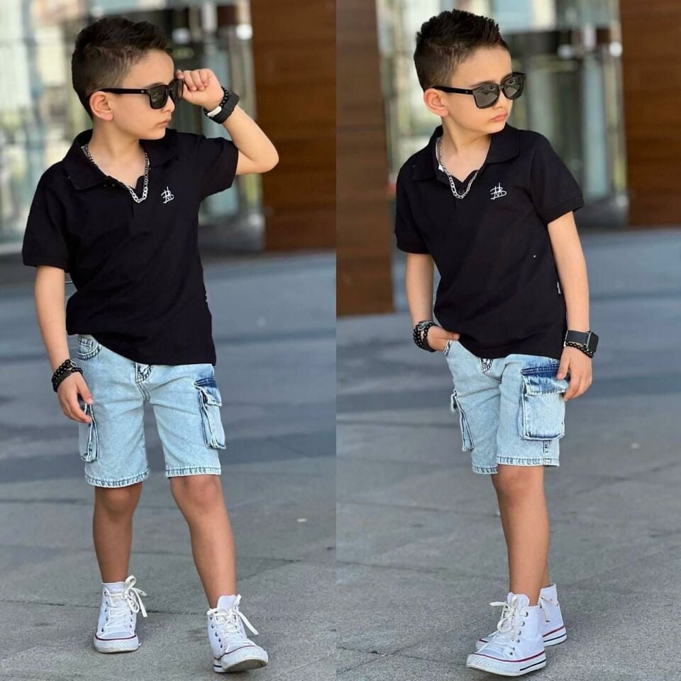 Erkek Çocuk Polo Yaka Kargo Cepli Kot Takım 2302Sİ