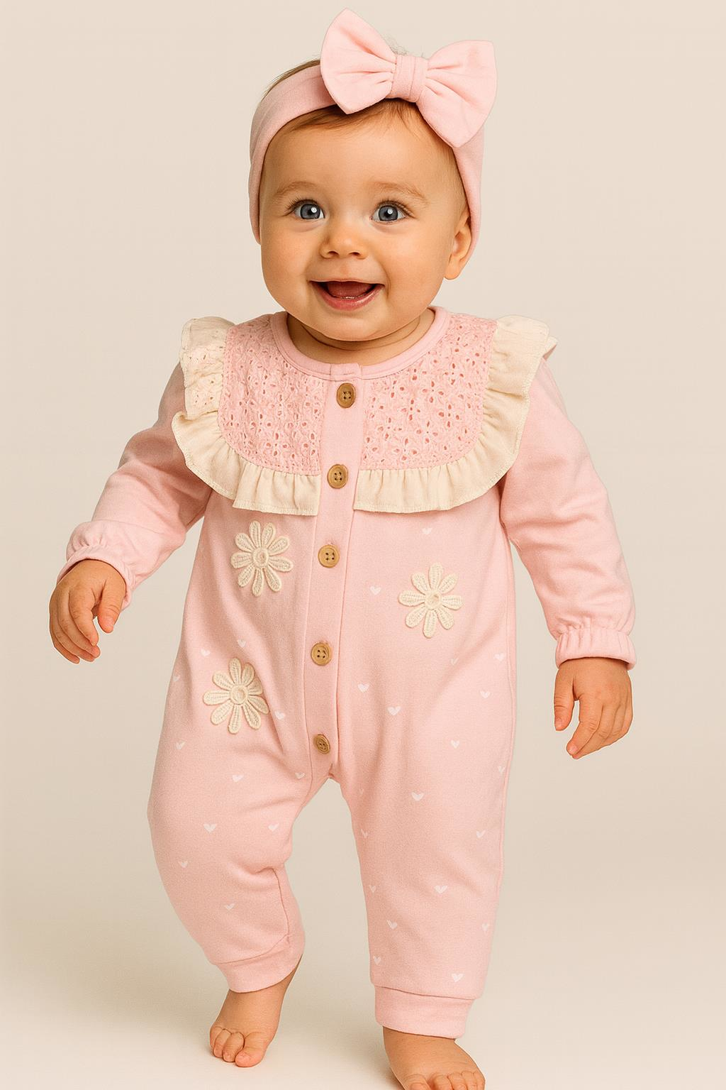 Kız Bebek Çiçek Nakışlı  Bandanalı Fırfırlı Tulum – Pembe 9340