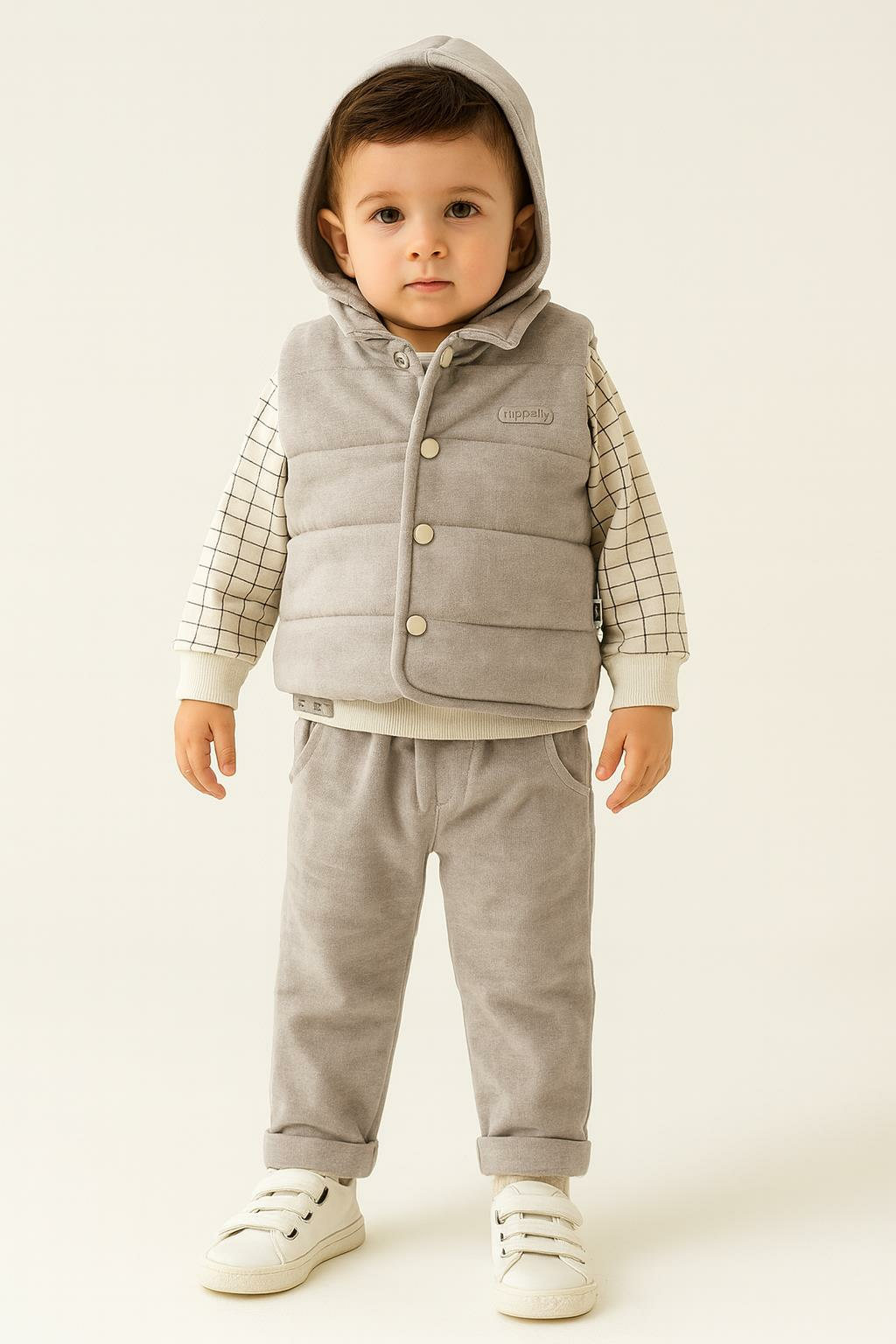 Erkek Bebek Kapüşonlu Şişme Yelekli 3’lü Takım – Sweatshirt ve Pantolon 5192