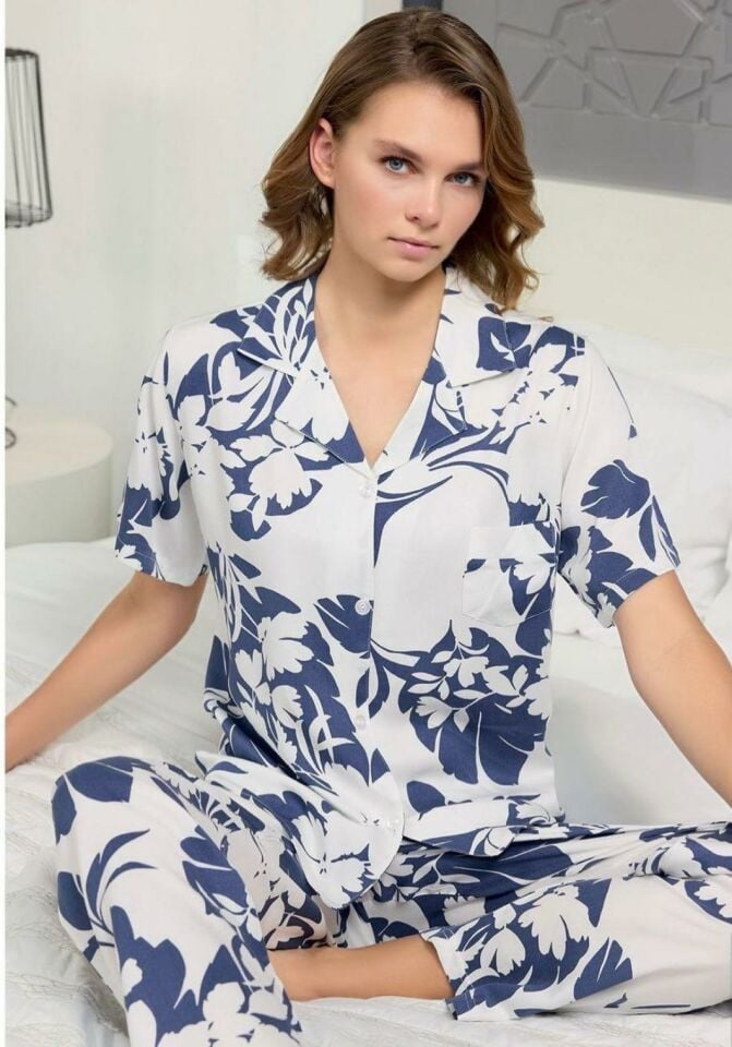 Kadın Düğmeli Alt Üst Pijama Takımı 8501