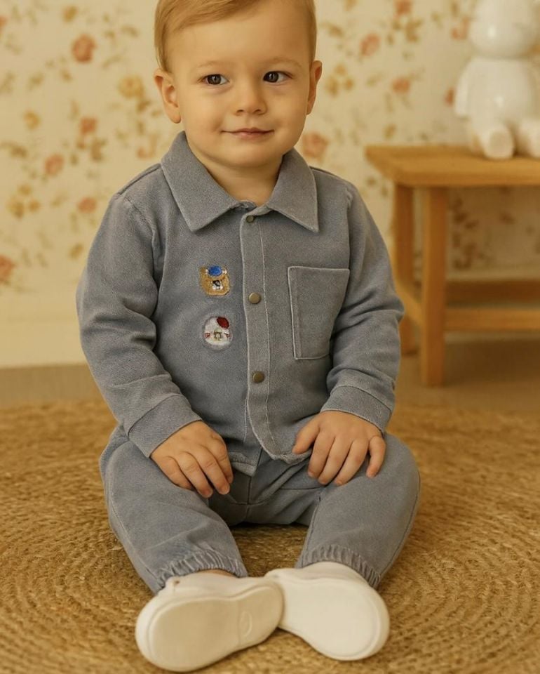 Erkek Bebek Nakışlı Gömlek ve Pantolon Takımı 0334