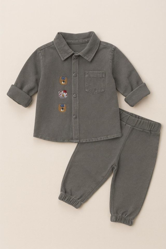 Erkek Bebek Nakışlı Gömlek ve Pantolon Takımı 0334