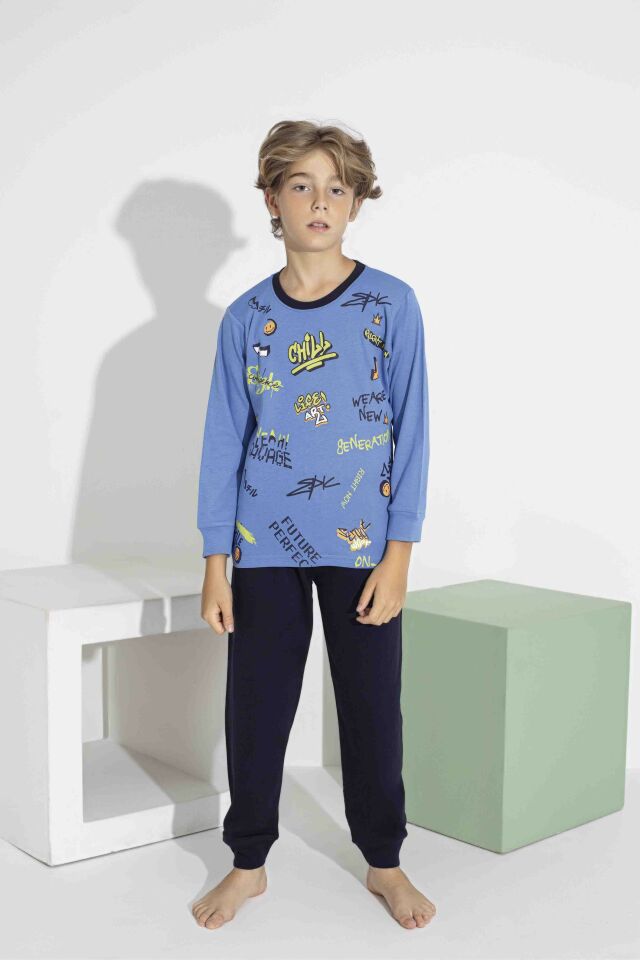 Erkek Çocuk Renkli Baskılı Uzun Kol Pijama Takımı - Interlok Kumaş 7413M