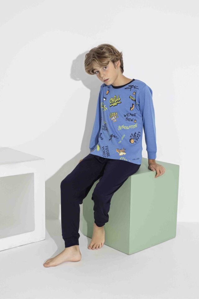 Erkek Çocuk Renkli Baskılı Uzun Kol Pijama Takımı - Interlok Kumaş 7413M