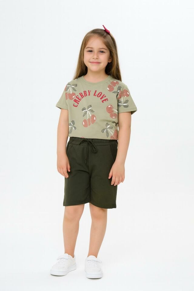 Kız Çocuk  Yazlık Likralı Penye Alt Üst Şort Takım 2998 YEŞİL