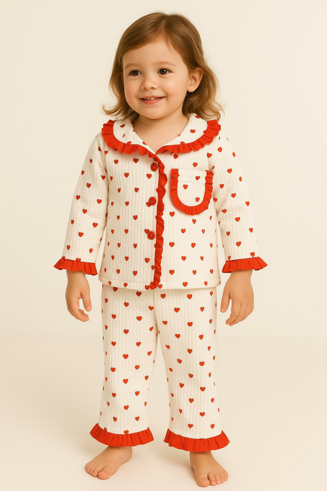 Kız Çocuk Kalpli Kırmızı Fırfırlı Pijama Takımı 09530