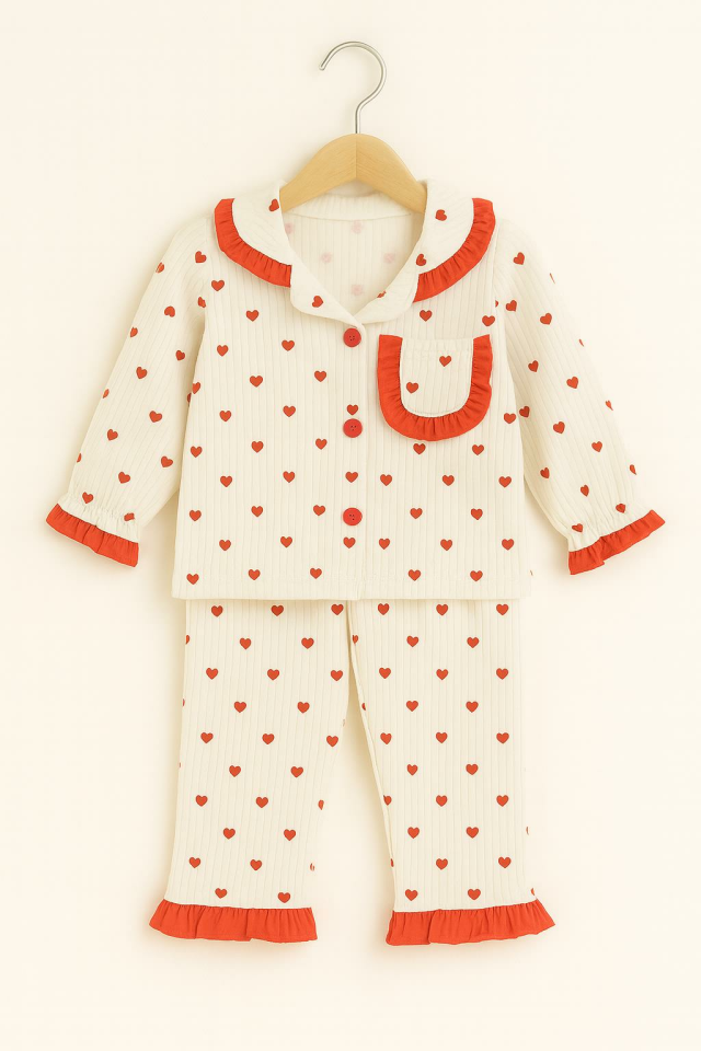 Kız Çocuk Kalpli Kırmızı Fırfırlı Pijama Takımı 09530