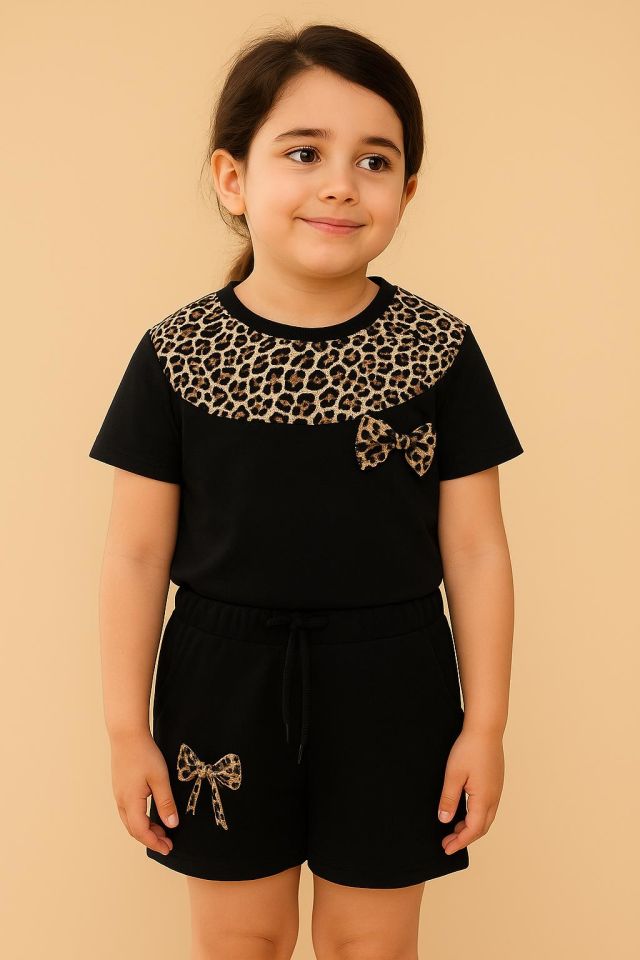 Leopar Desenli Siyah Kız Çocuk  Şortlu Pijama Takımı –0910