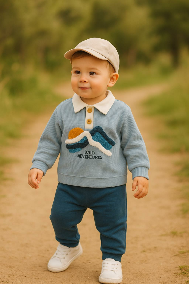 Erkek Bebek 2’li Takım – Yaka Detaylı Nakışlı Sweatshirt ve Eşofman Altı 07147M