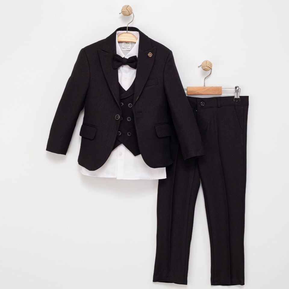Erkek Çocuk Ceket Gömlek Pantolon Papyon Yelekli Takım Elbise 5735-5-16 YAŞ SİYAH