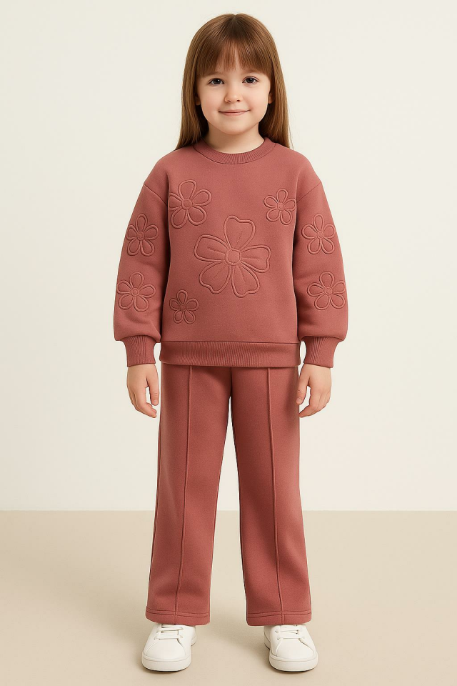 Kız Çocuk 3 İplik Şardonlu Çiçek Desenli Kız Çocuk Eşofman Takımı-10750 glk