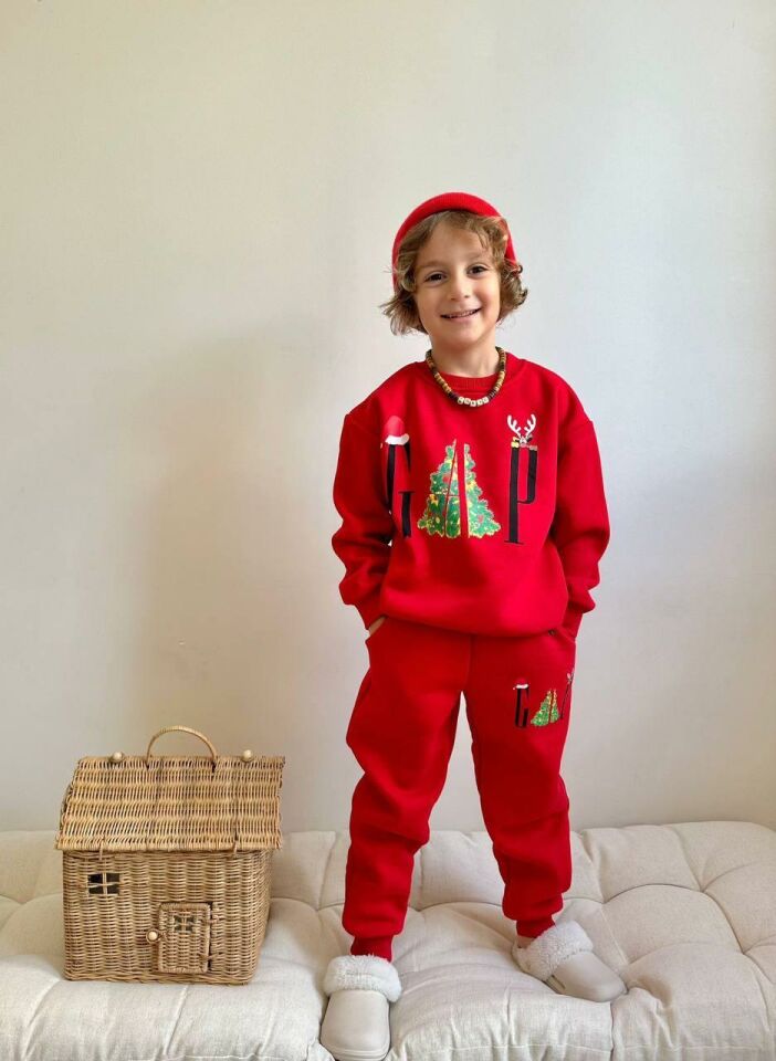 Erkek Kız Şardonlu 3 İplik Alt Üst Takım Eşofman Takımı Yeni Yıl Temalı 1604-02K