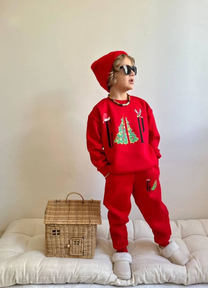 Erkek Kız Şardonlu 3 İplik Alt Üst Takım Eşofman Takımı Yeni Yıl Temalı 1604-02K