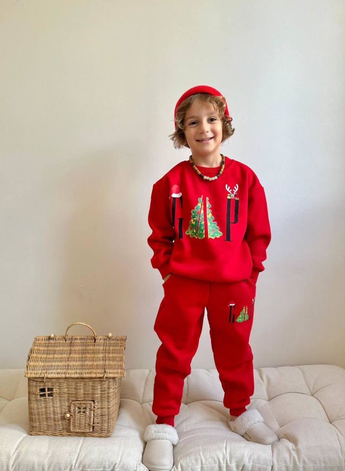 Erkek Kız Şardonlu 3 İplik Alt Üst Takım Eşofman Takımı Yeni Yıl Temalı 1604-02K