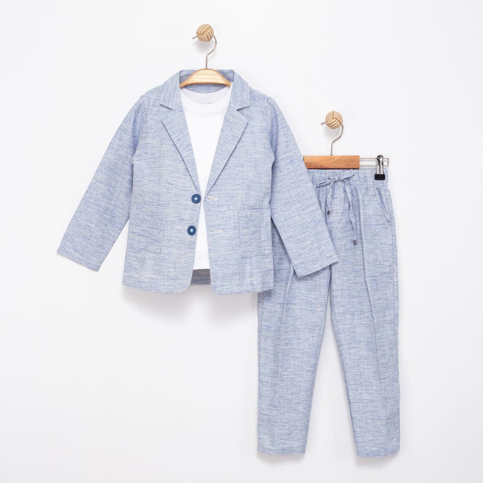 Erkek Çocuk Keten 3'lü Tişörtlü Ceketli Takım 2854 2-9 YAŞ ARASI MAVİ