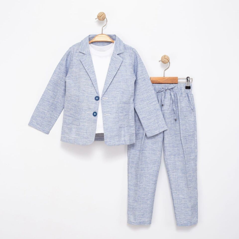 Erkek Çocuk Keten 3'lü Tişörtlü Ceketli Takım 2854 2-9 YAŞ ARASI MAVİ