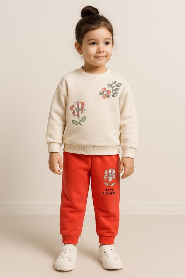 Kız Çocuk 2’li Çiçek Desenli Şardonlu Alt Üst Eşofman Takımı –10746 P