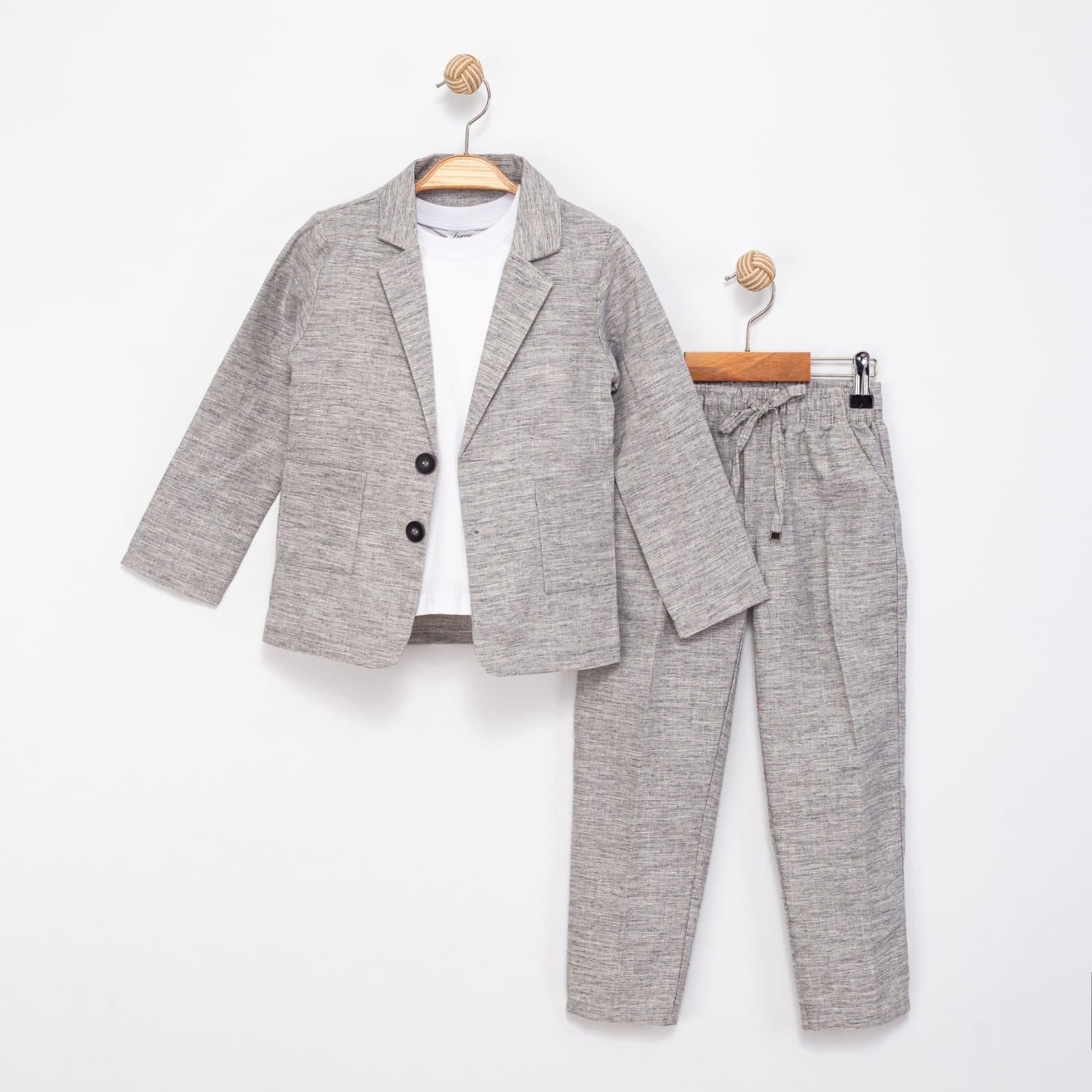 Erkek Çocuk Keten 3'lü Tişörtlü Ceketli Takım 2854 2-9 YAŞ ARASI GRİ