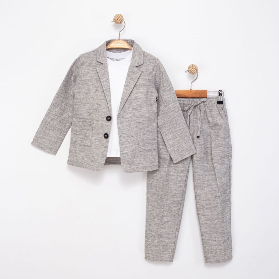 Erkek Çocuk Keten 3'lü Tişörtlü Ceketli Takım 2854 2-9 YAŞ ARASI GRİ