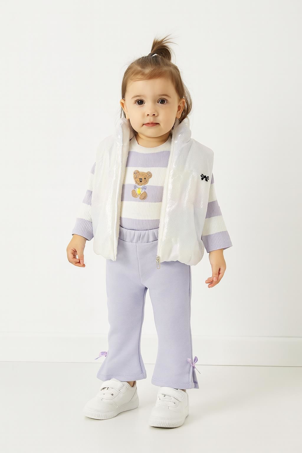 Kız Bebek 3’lü Takım Yelekli Teddy Nakışlı Sweatshirt ve Fiyonklu Pantolon Lila (9-12-18-24 Ay) 10695