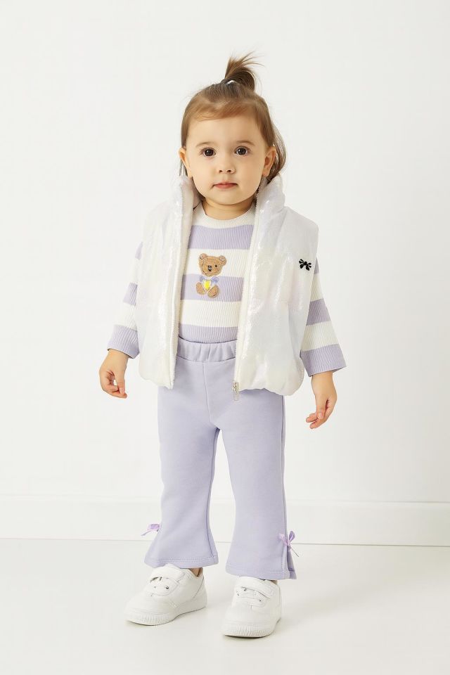 Kız Bebek 3’lü Takım Yelekli Teddy Nakışlı Sweatshirt ve Fiyonklu Pantolon Lila (9-12-18-24 Ay) 10695