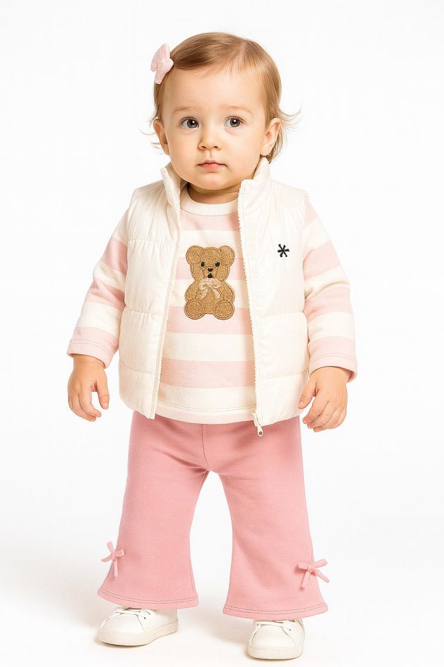 Kız Bebek 3’lü Takım Yelekli Teddy Nakışlı Sweatshirt ve Fiyonklu Pantolon Lila (9-12-18-24 Ay) 10695P