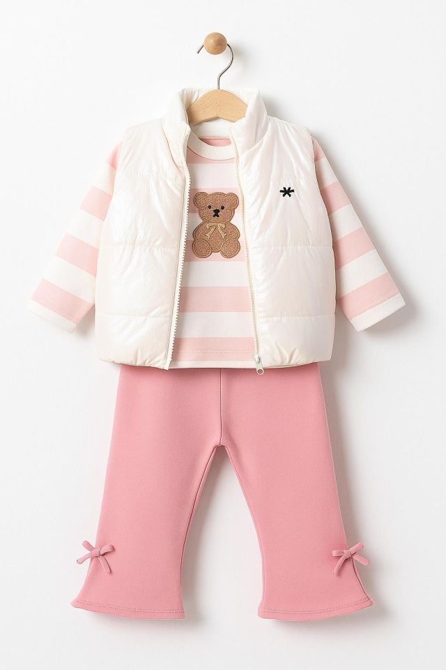 Kız Bebek 3’lü Takım Yelekli Teddy Nakışlı Sweatshirt ve Fiyonklu Pantolon Lila (9-12-18-24 Ay) 10695P