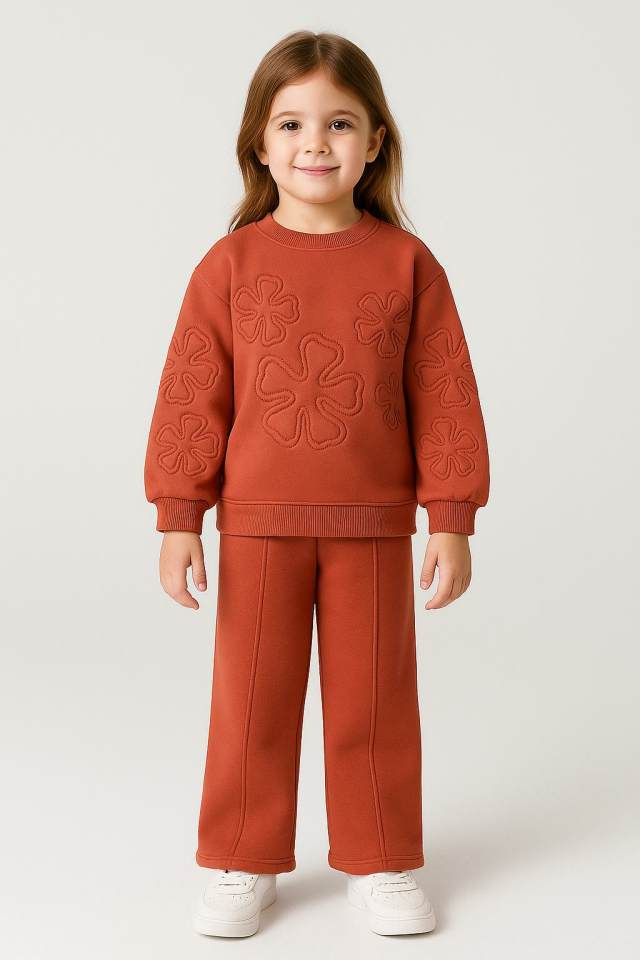 Kız Çocuk 3 İplik Şardonlu Çiçek Desenli Kız Çocuk Eşofman Takımı-10750-krmt