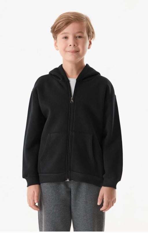 3 İPLİK Kapüşonlu  Uzun Kollu Şardonlu KIZ/ERKEK Çocuk Fermuarlı Sweatshirt 0504 SİYAH
