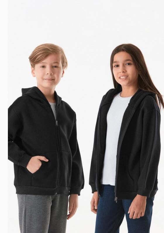 3 İPLİK Kapüşonlu  Uzun Kollu Şardonlu KIZ/ERKEK Çocuk Fermuarlı Sweatshirt 0504 SİYAH