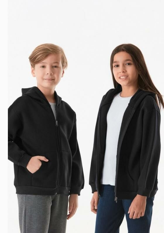 3 İPLİK Kapüşonlu  Uzun Kollu Şardonlu KIZ/ERKEK Çocuk Fermuarlı Sweatshirt 0504 SİYAH