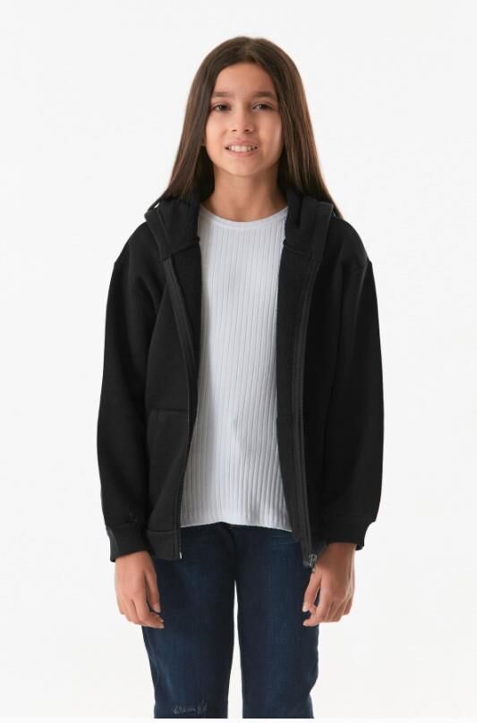 3 İPLİK Kapüşonlu  Uzun Kollu Şardonlu KIZ/ERKEK Çocuk Fermuarlı Sweatshirt 0504 SİYAH